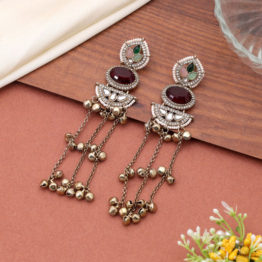 Red Color Long Kasmiri Earrings Featuring Beautiful Ethnic Handmade Jewelry Design