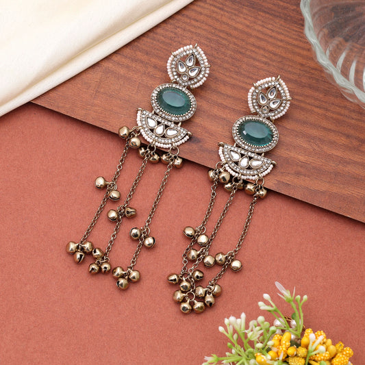 Teal Blue Color Long Kasmiri Earrings Featuring Beautiful Handmade Artwork