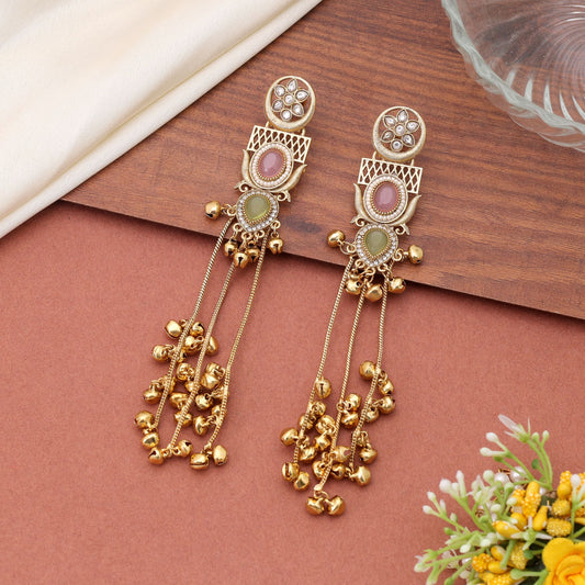 Light Pink & Lime Green Stone Long Kashmiri Earrings with Premium Handmade Appeal
