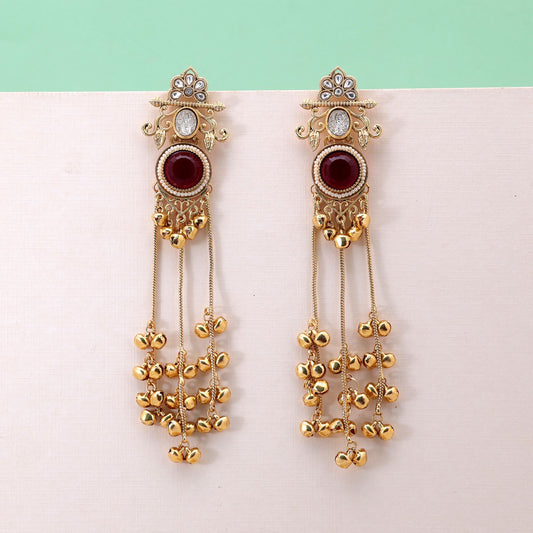 Red Color Long Kashmiri Earrings Crafted with Beautiful Ethnic Jewelry Design