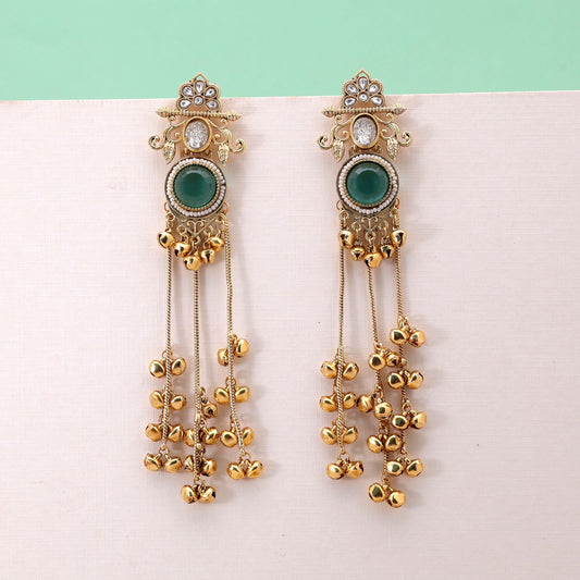 Rama Green Color Long Kashmiri Earrings with Premium Traditional Artwork