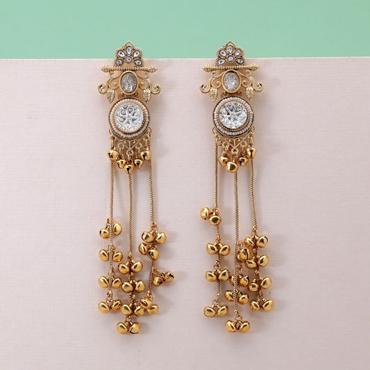 White Color Long Kashmiri Earrings Featuring Beautiful Traditional Fashion Style