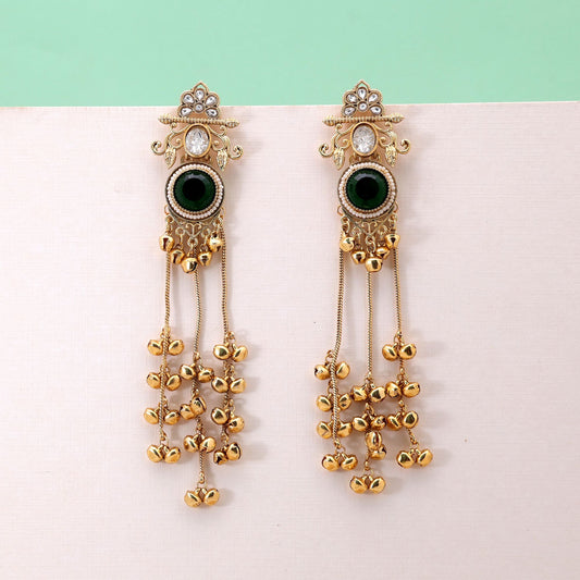 Green Color Long Kashmiri Earrings Featuring Artistic Traditional Fashion Appeal