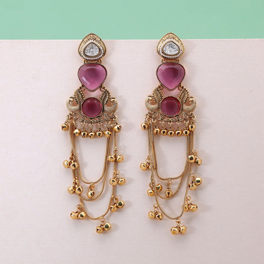 Pink Color Long Kashmiri Earrings Crafted with Beautiful Traditional Artwork