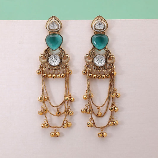 Rama Green Color Long Kashmiri Earrings Crafted with Elegant Handmade Artwork