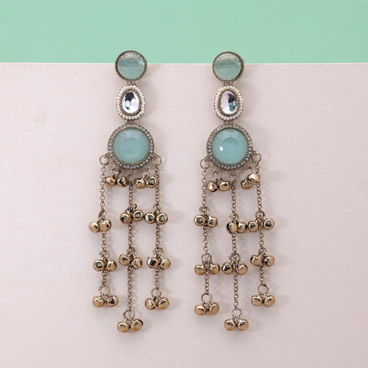 Aqua Color Long Kashmiri Earrings with Beautiful Ethnic Traditional Appeal