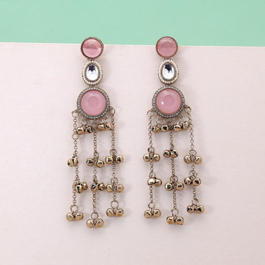 Light Pink Stone Long Kashmiri Earrings Featuring Beautiful Artistic Jewelry Appeal