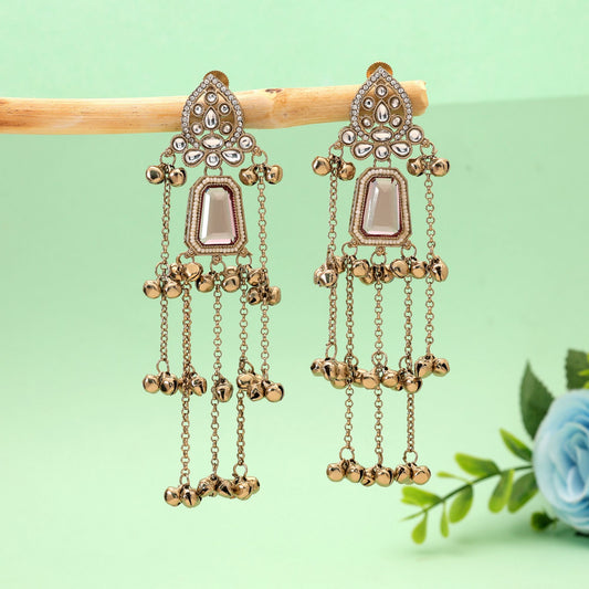 Light Pink Stone Long Kashmiri Earrings with Premium Artistic Fashion Jewelry Appeal