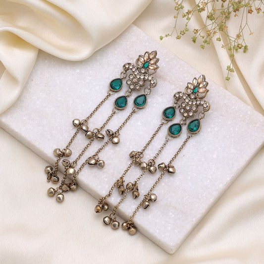 Green Color Long Kashmiri Earrings with Elegant Festive Jewelry Design Appeal
