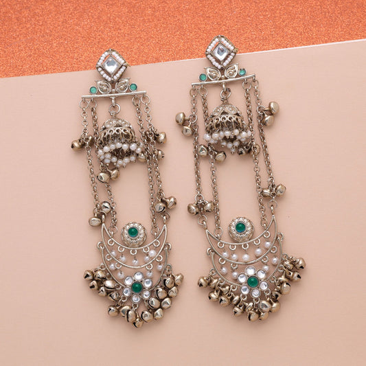 Green Color Long Kashmiri Earrings Crafted for Stylish Traditional Jewelry Look