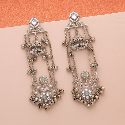 Parrot Green Color Long Kashmiri Earrings Featuring Elegant Festive Ethnic Design