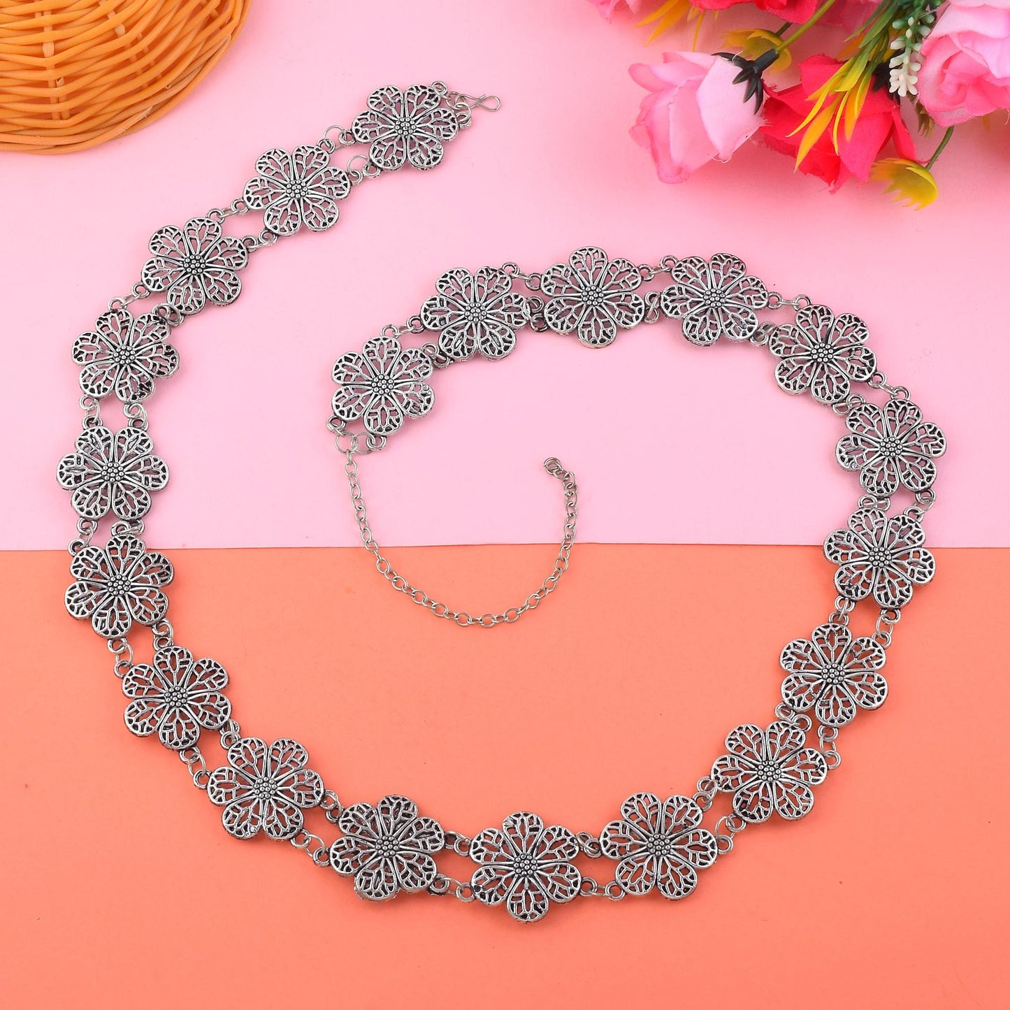 Elegant Silver Color Oxidised Kamarband With Multi-Layered Metal Chains