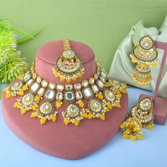 Bright Yellow Color Kundan Necklace Set With Royal Indian Design