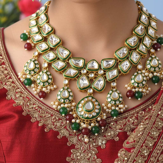 Bridal Maroon & Green Color Kundan Necklace Set With Stone Design