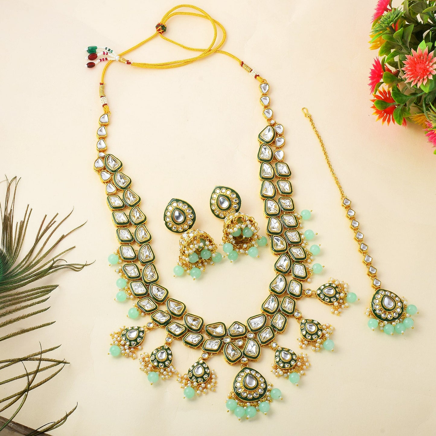 Unique Pista Green Color Kundan Necklace Set For Festival Wear