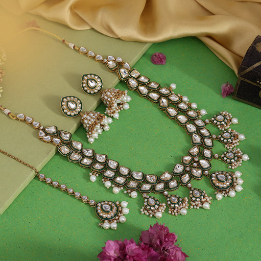 Ethnic White Color Kundan Necklace Set With Wedding Stone Details