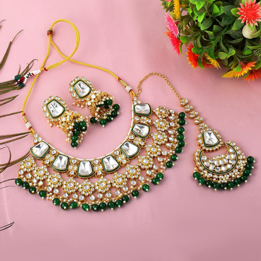 Radiant Green Color Kundan Necklace Set With Antique Finishing