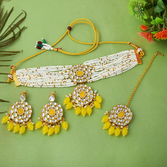 Yellow Color Choker Kundan Necklace Set With Traditional Design Accents