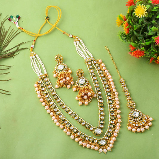 Luxury Gold Color Kundan Necklace Set With Bold Stone Decorations