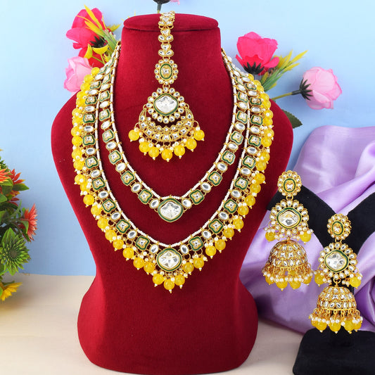 Bright Yellow Color Kundan Necklace Set For Traditional Daytime Celebrations
