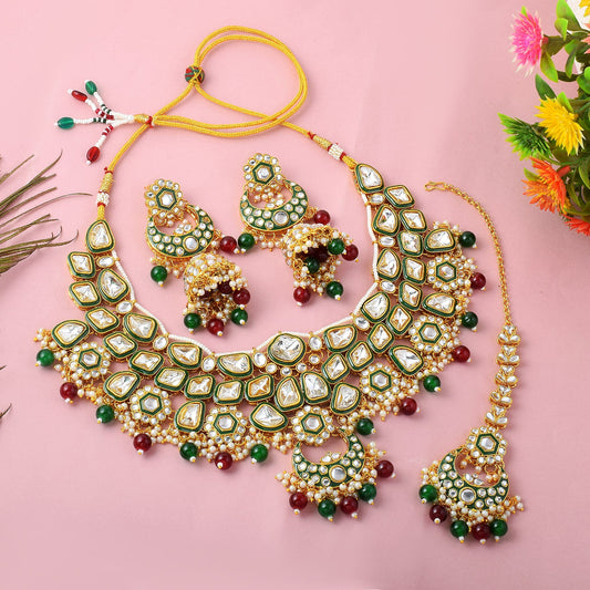 Bridal Maroon & Green Color Kundan Necklace Set With Gemstone Craft