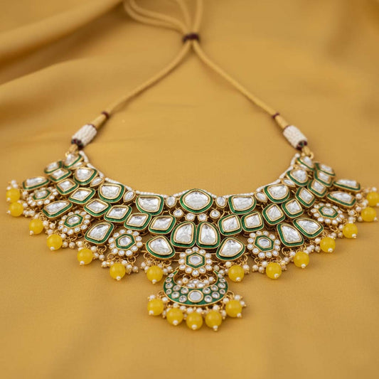 Sunshine Yellow Color Kundan Necklace Set For Cultural Ceremonies