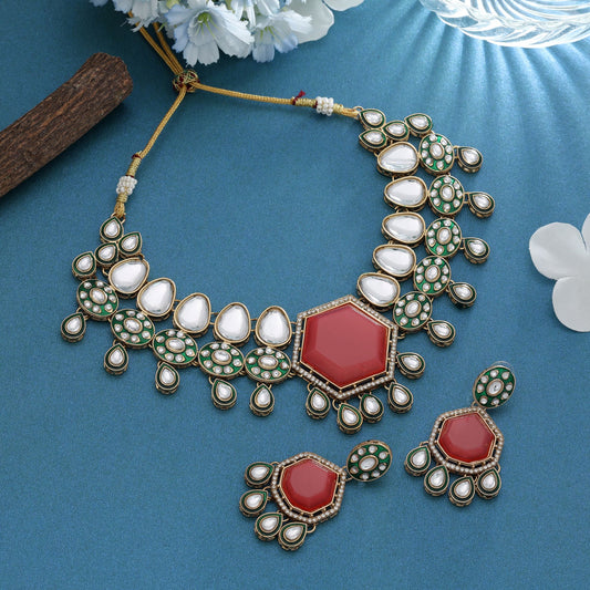 Orangefarbenes Kundan Halsketten-Set königlich traditionelles Brautschmuck-Statement-Design