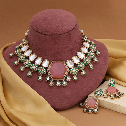 Gorgeous Pink Color Kundan Necklace Set With Antique Gold Finish Perfect For Celebrations