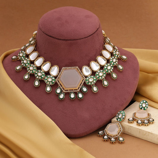 Premium White Color Kundan Necklace Set With Choker Style Perfect For Bride Jewellery