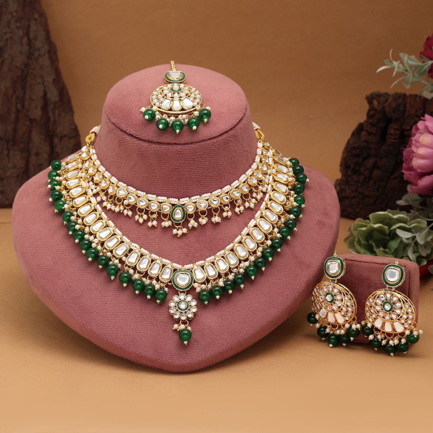 Elegant Green Color Meena Work Kundan Necklace Set Perfect For Weddings, Parties, And Traditional Outfits