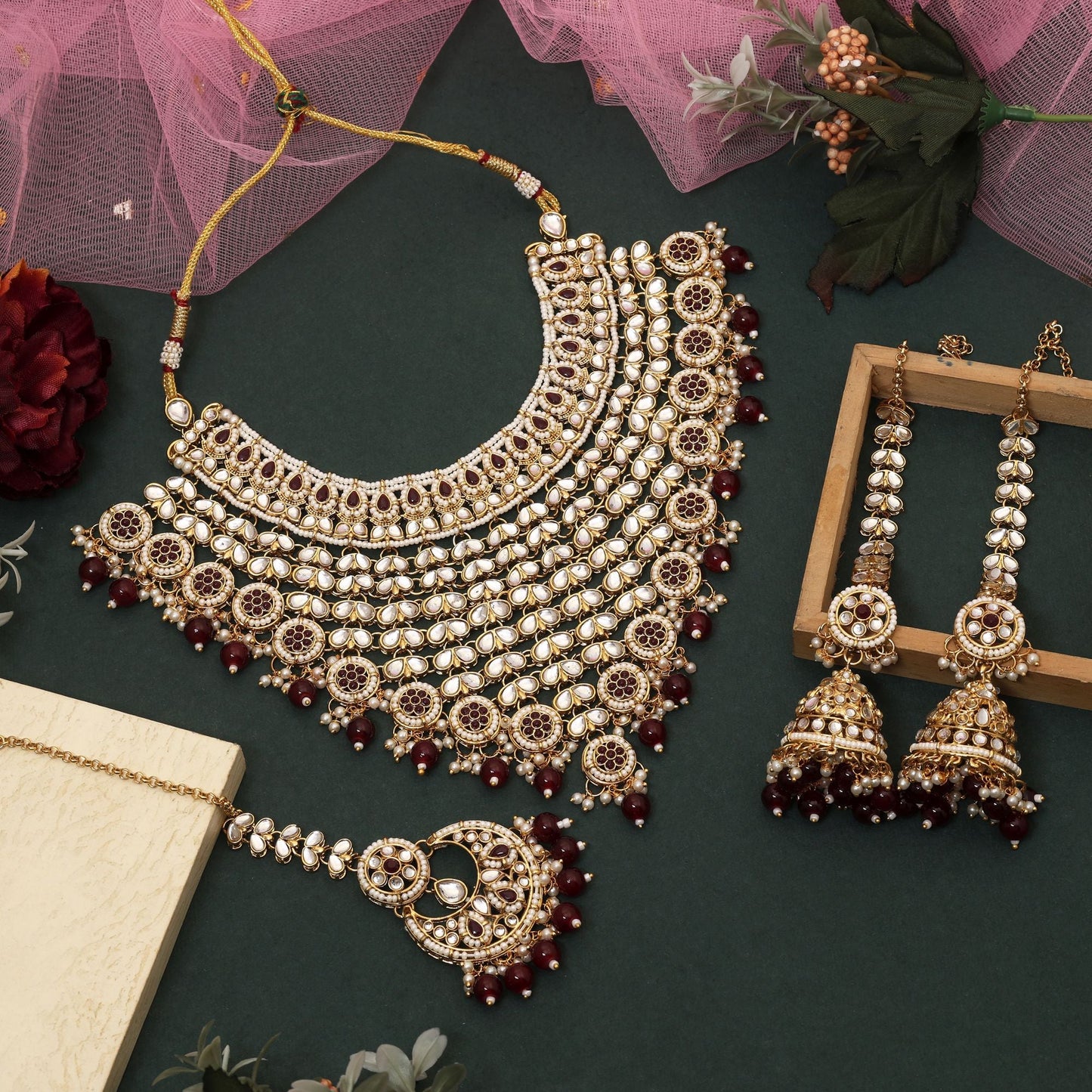 Gorgeous Maroon Color Kundan Necklace Set Perfect For Brides, Parties, And Cultural Celebrations
