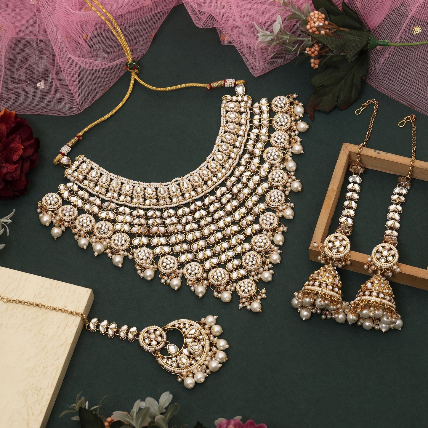 Beautiful White Color Kundan Necklace Set Designed For Brides, Engagements, And Festive Occasions