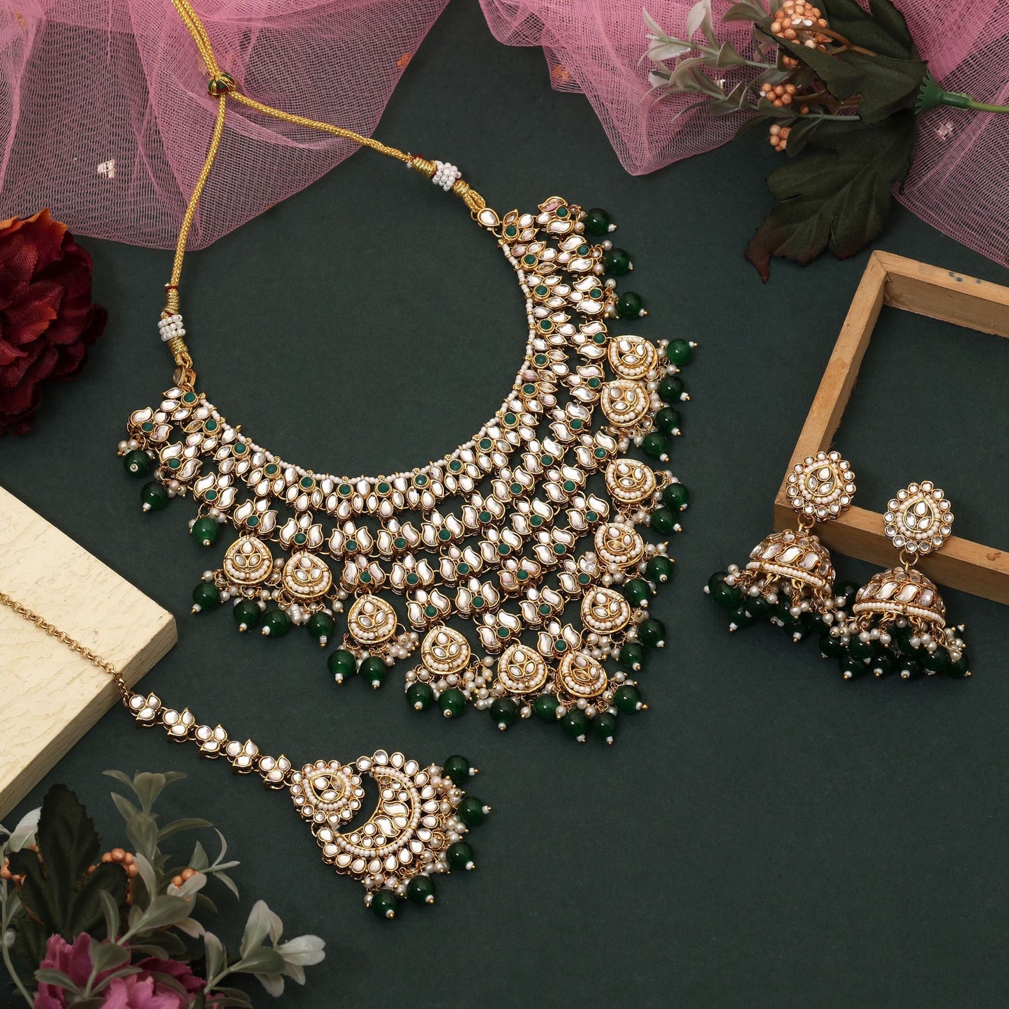 Stylish Green Color Kundan Necklace Set Designed For Bridal Wear, Festive Events, And Cultural Fashion