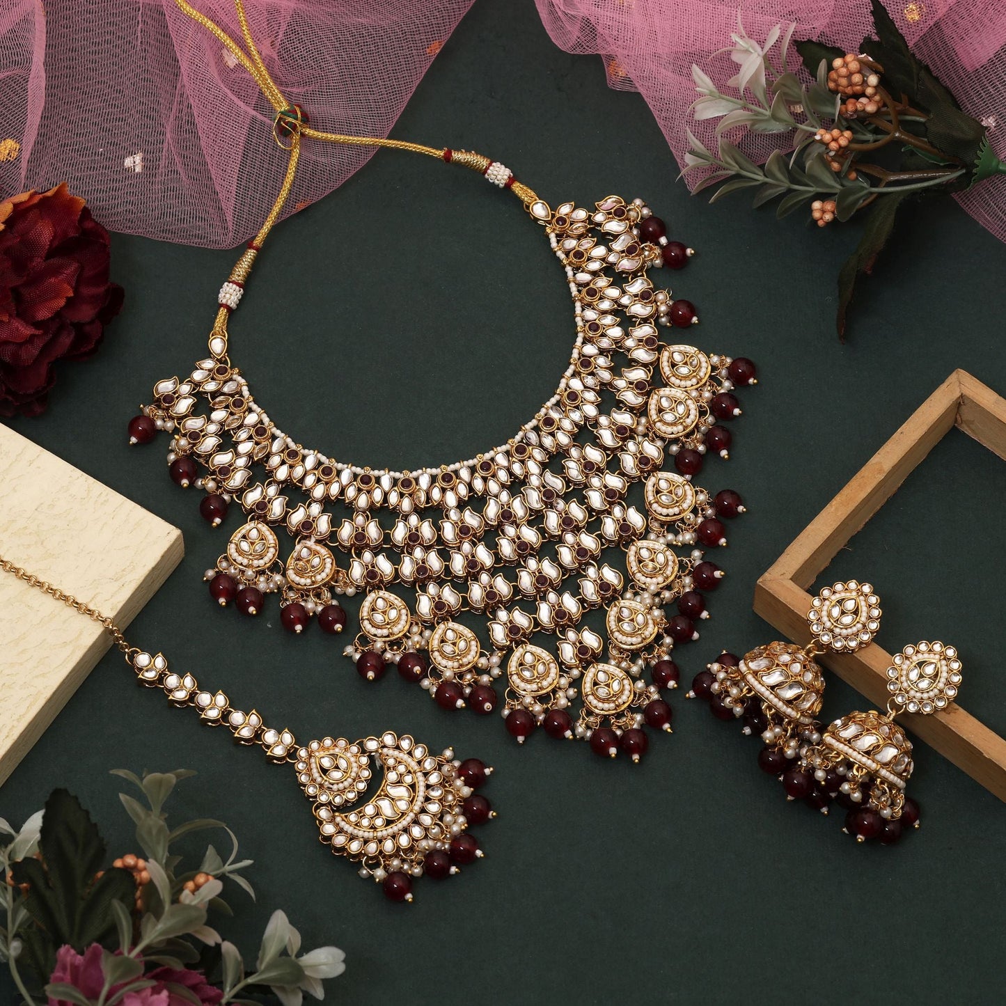 Royal Maroon Color Kundan Necklace Set Crafted With Exquisite Handmade Work For Wedding Celebrations
