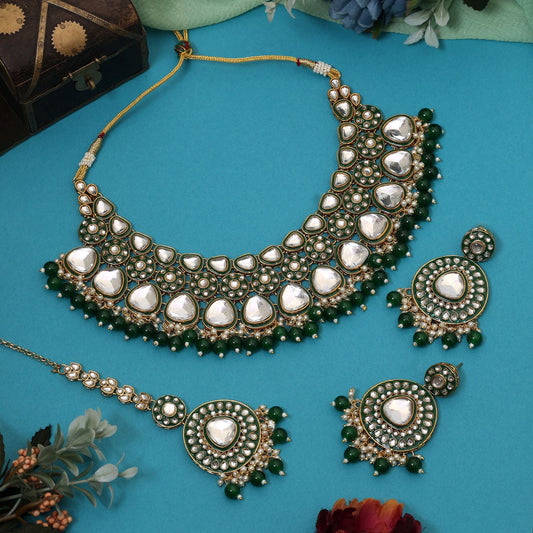 Beautiful Green Color Meena Work Kundan Necklace Set Crafted For Bridal Wear And Cultural Celebrations