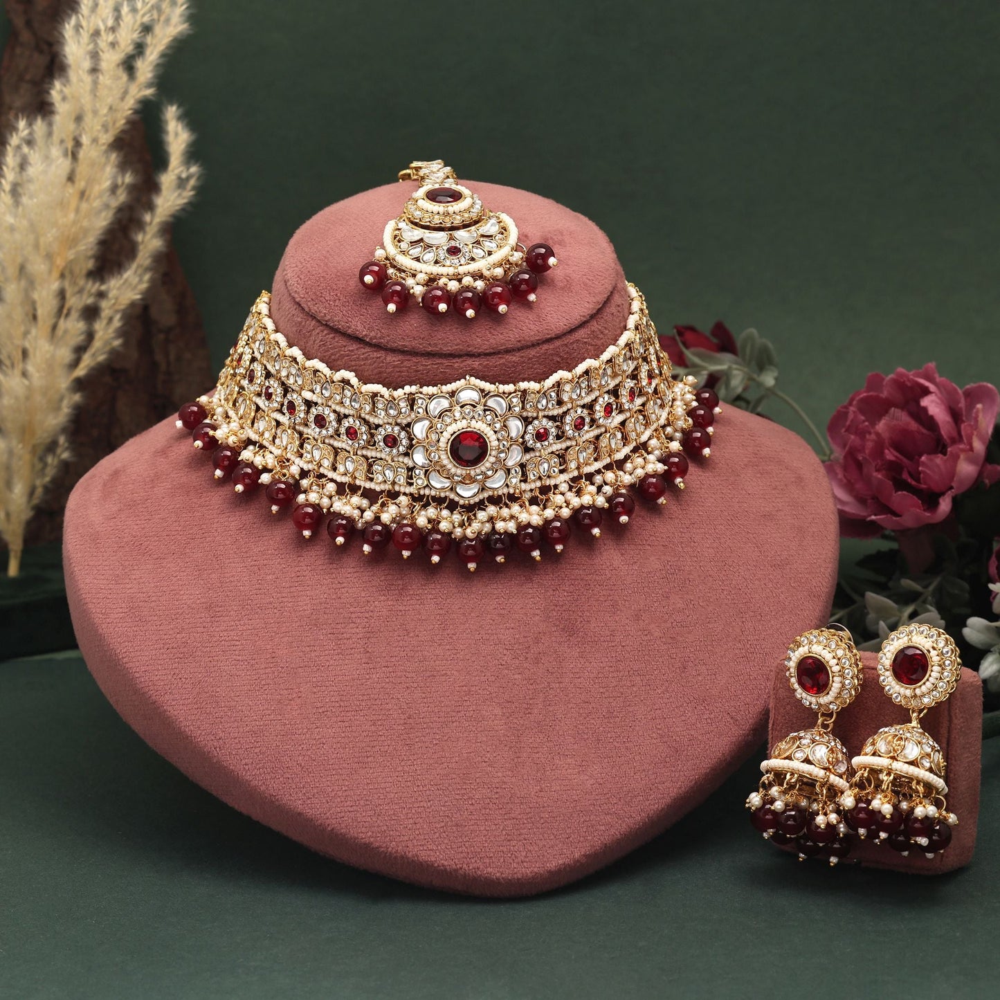 Royal Maroon Color Choker Kundan Necklace Set Perfect For Brides, Parties, And Cultural Celebrations