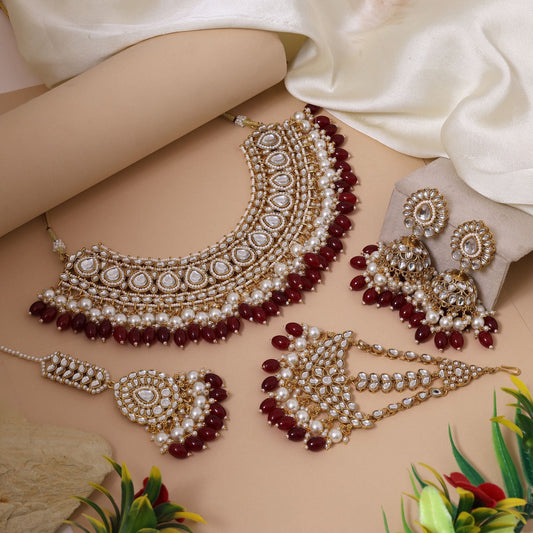 Antique Maroon Color Kundan Necklace Set With Classic Traditional Bridal Jewellery Style