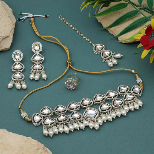 Classic White Color Choker Kundan Necklace Set With Traditional Beads And Stone Detailing