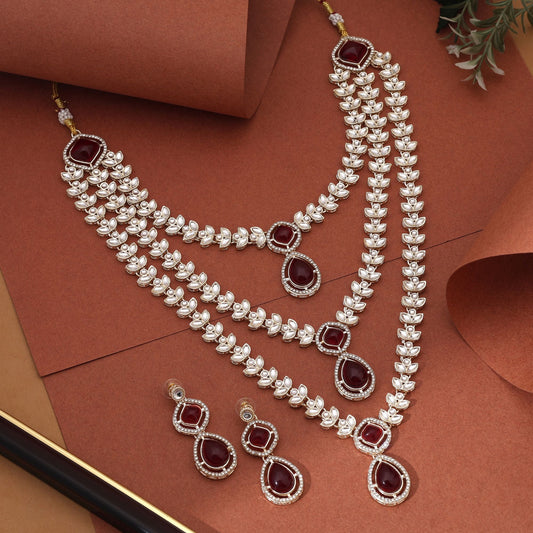 Stylish Maroon Color Kundan Necklace Set With Matching Earrings For Festivals And Weddings