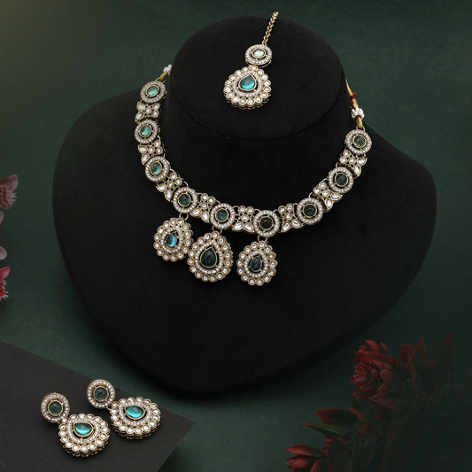 Graceful Light Green Color Kundan Necklace Set With Stones For Traditional Look