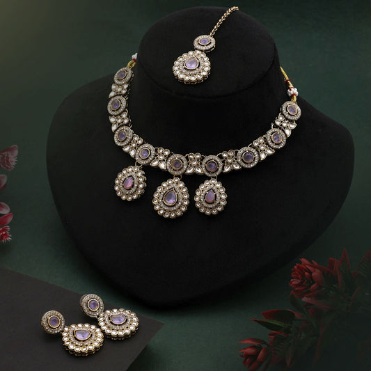 Royal Purple Color Kundan Necklace Set With Matching Earrings For Wedding Wear