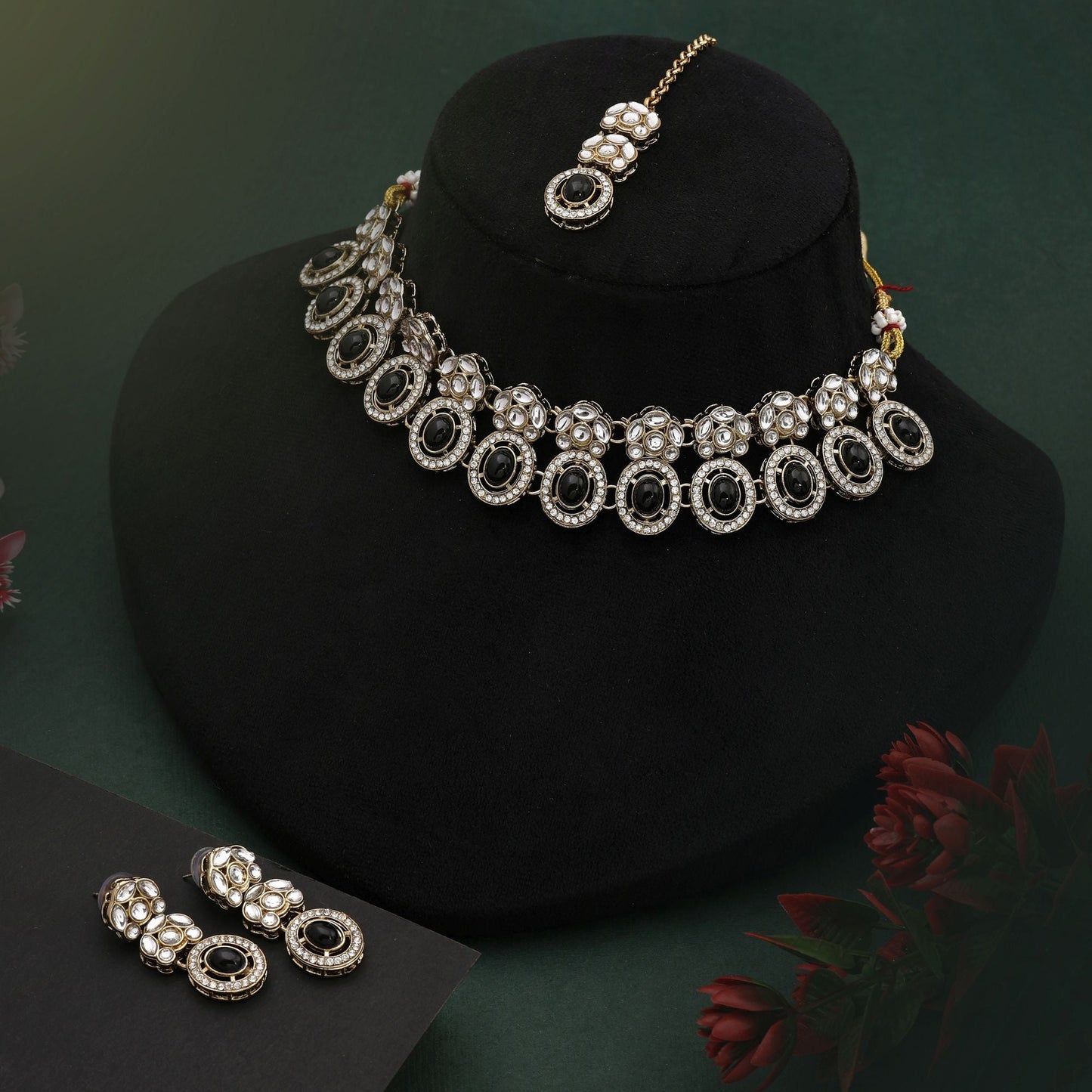 Elegant Black Color Kundan Necklace Set With Gold Touch Perfect For Ethnic Wear