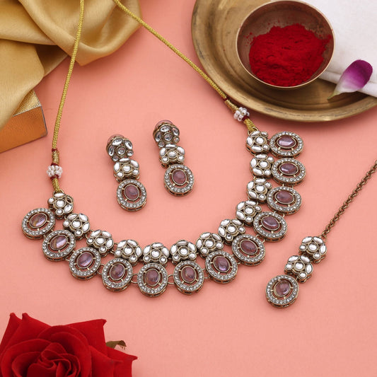 Unique Grey Color Kundan Necklace Set With Stones For Modern Festive Fashion