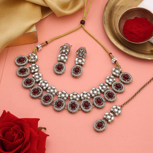 Antique Maroon Color Kundan Necklace Set With Matching Earrings For Bridal Style