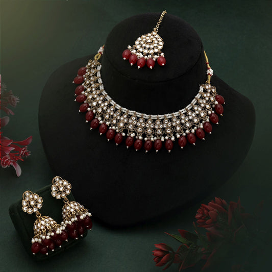 Antique Maroon Color Kundan Necklace Set With Traditional Design For Brides