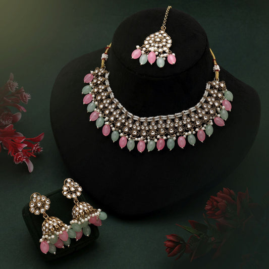 Dual Tone Pink & Pista Green Color Kundan Necklace Set For Festive Looks