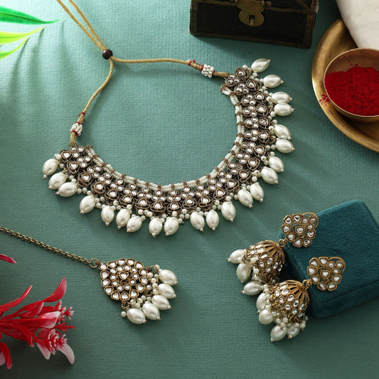 Classic White Color Kundan Necklace Set With Gold Detailing For Wedding Wear