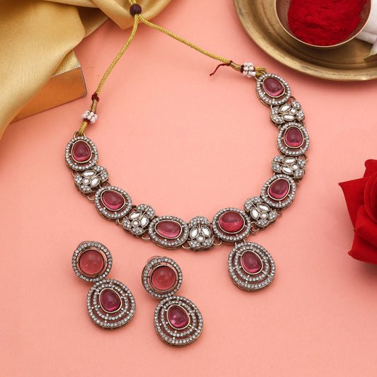 Stylish Magenta Color Kundan Necklace Set For Brides And Festive Functions