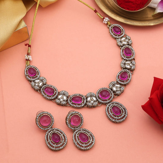 Beautiful Rani Color Kundan Necklace Set For Bridal Party and Cultural Events