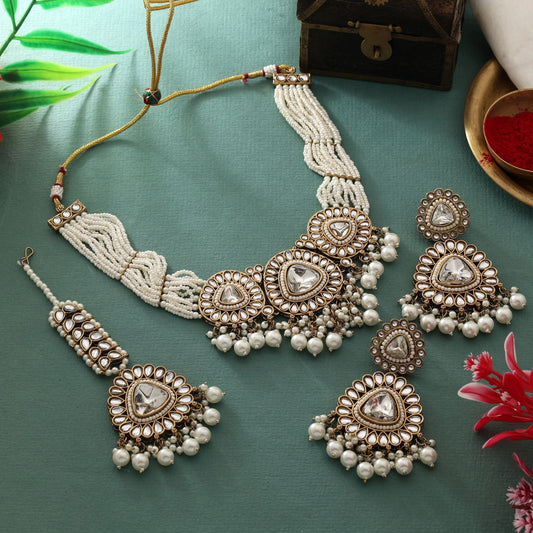 Gorgeous White Color Kundan Necklace Set With Classic Pearl Embellishments